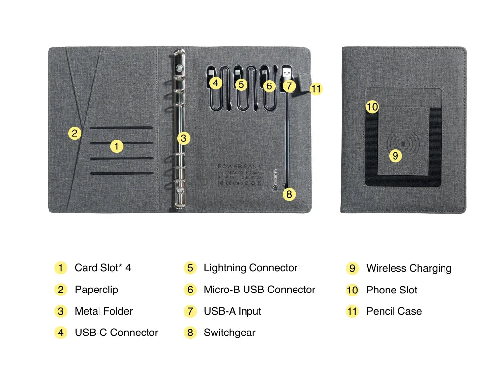 Gift for Travel or Graduation – 6-Ring Wireless Charging Notebook with Card Holder for Office or School Use