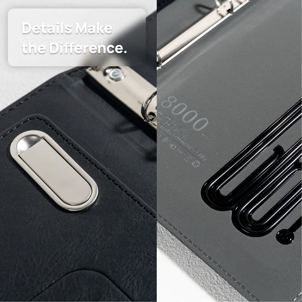 A5 Power Bank Notebook with LED Logo Cover, Wireless Charging, Foldable Phone Stand, USB Drive and 8000mAh Battery