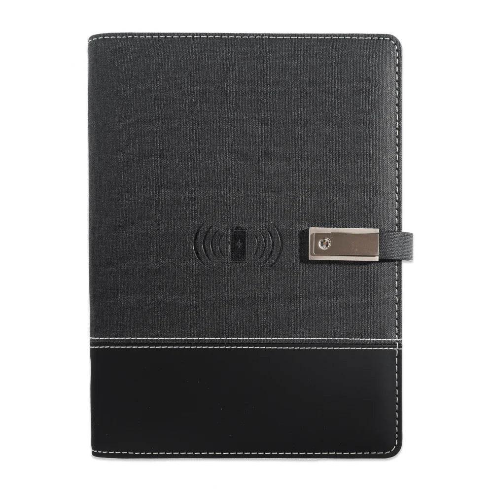 A5 Notebook with built-in Power Bank, wireless Charging, 3-in-1 charging cable, Table light, USB drive.  Journal for Office.