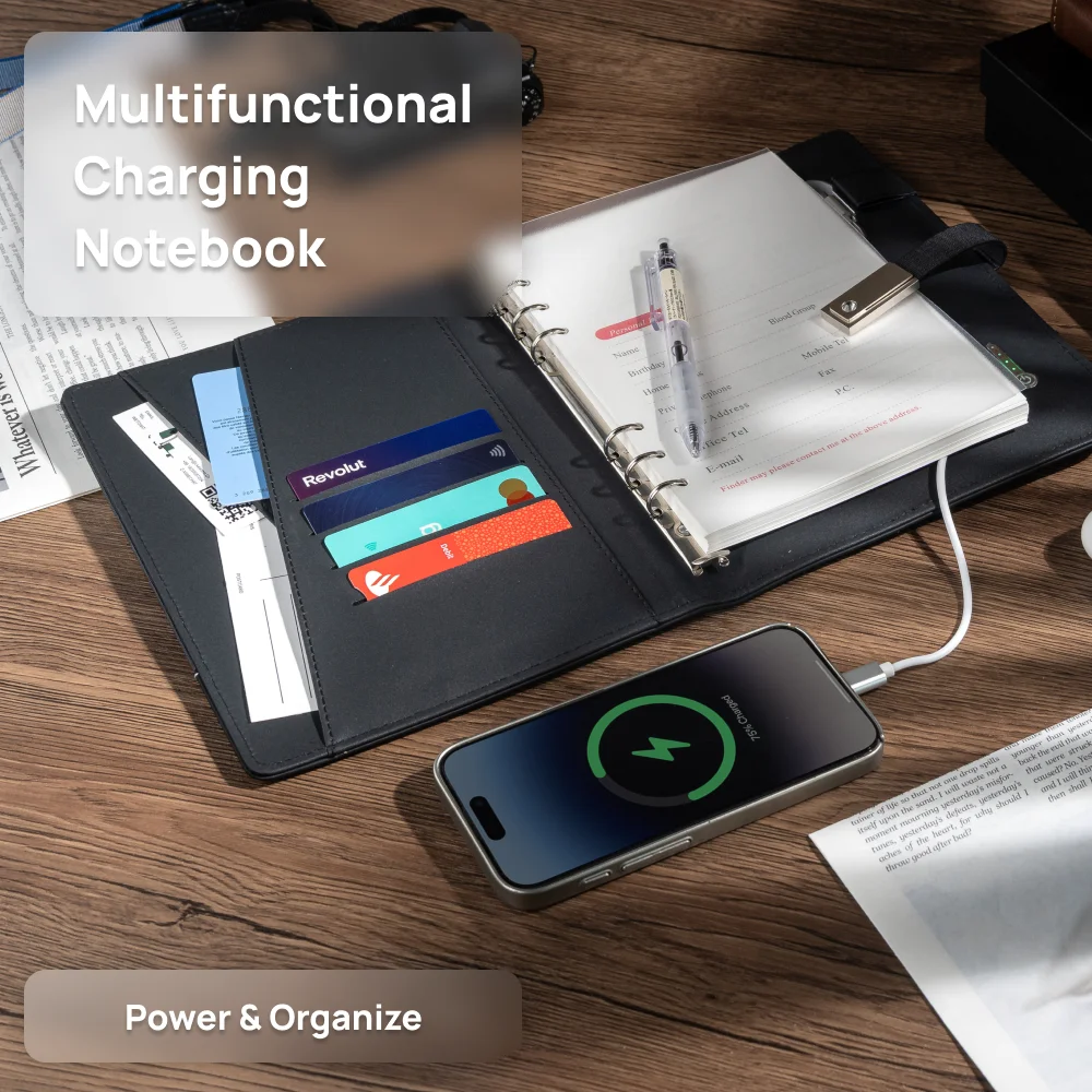 A5 Notebook with built-in Power Bank, wireless Charging, 3-in-1 charging cable, Table light, USB drive.  Journal for Office.