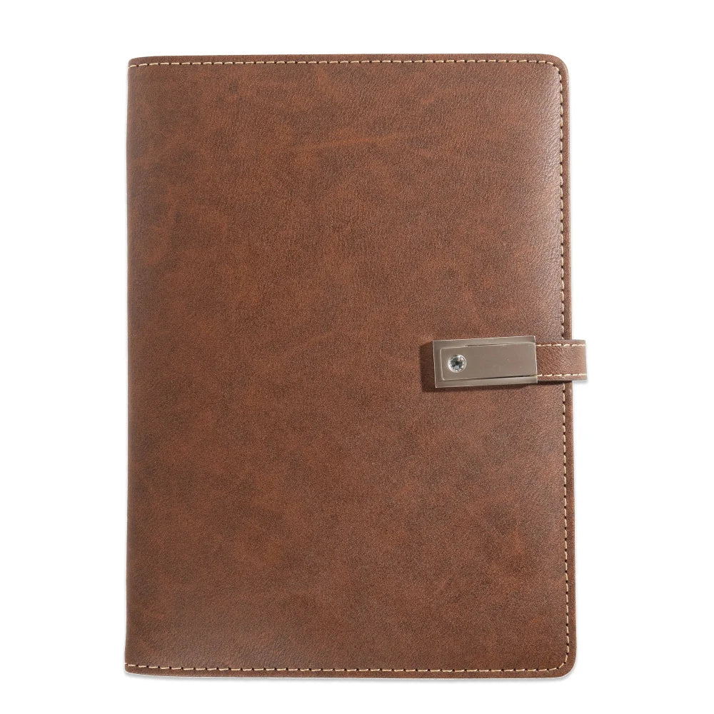 Brown Leather Notebook with built-in Power Bank, Calculator, USB Drive, 3-in-1 Charging Cable, A5 Journal Perfect for Business