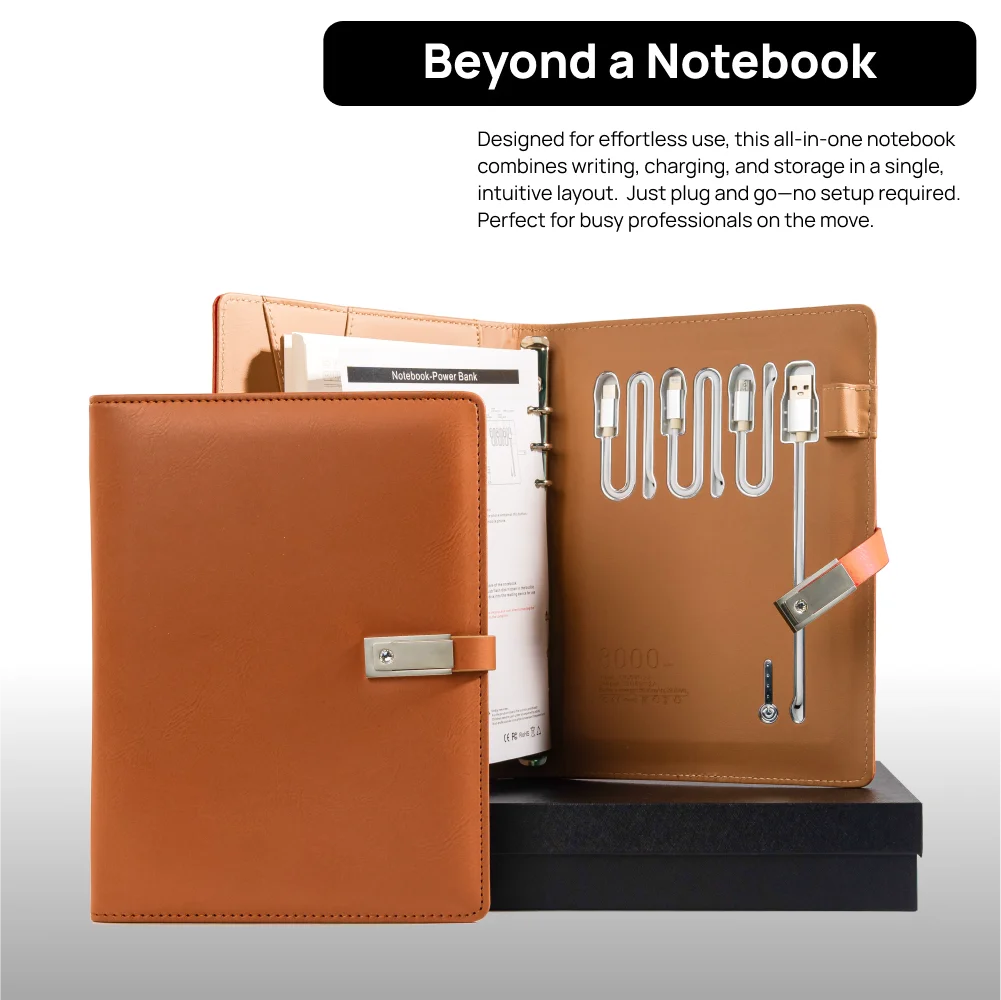 Leather Notebook with Built-in Power Bank, USB Drive, 3-in-1 Charging Cable, and A5 Planner Perfect for Business, Travel, Gift