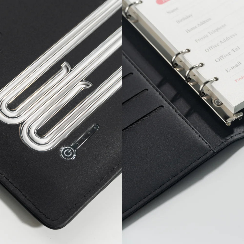 A5 Notebook with built-in Power Bank, wireless Charging, 3-in-1 charging cable, Table light, USB drive.  Journal for Office.