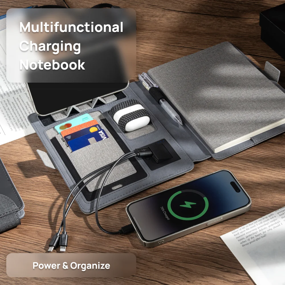 Wireless Charging Business Folder Notebook with Phone Stand and Clock, A5 Planner Organizer for Office Men