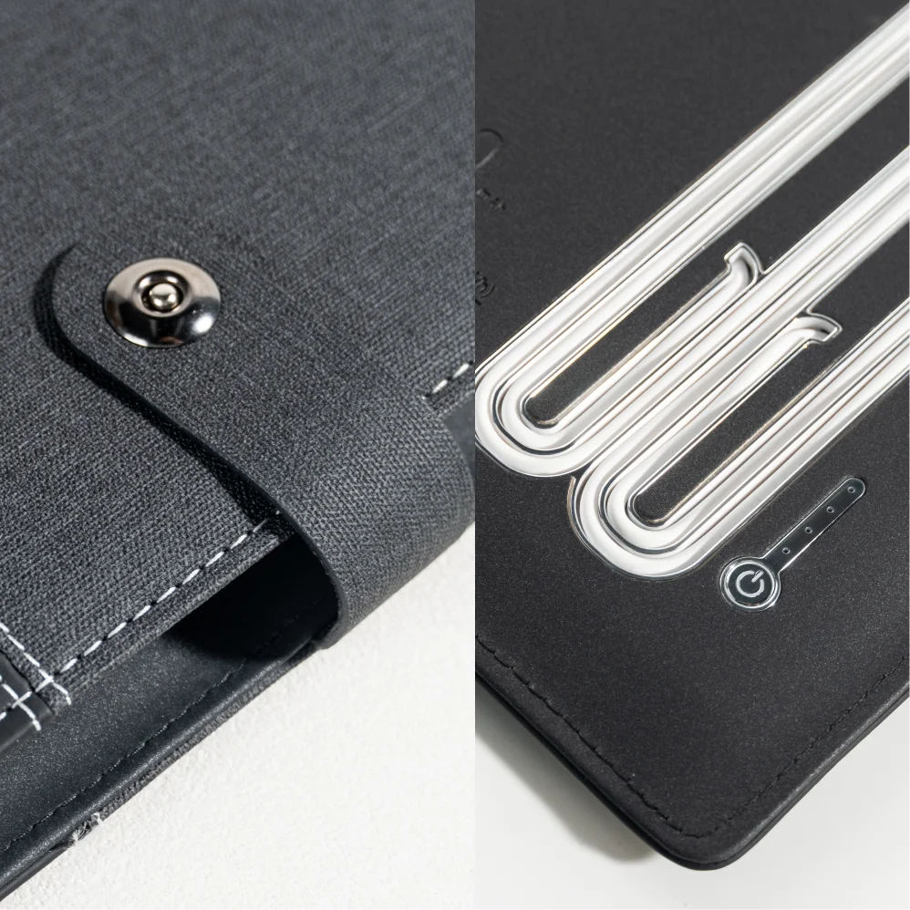 A5 Charging Notebook with Linen and Leather Cover, 3-in-1 Cable, Card Slots, Document Pocket and Premium Paper for Business Trav