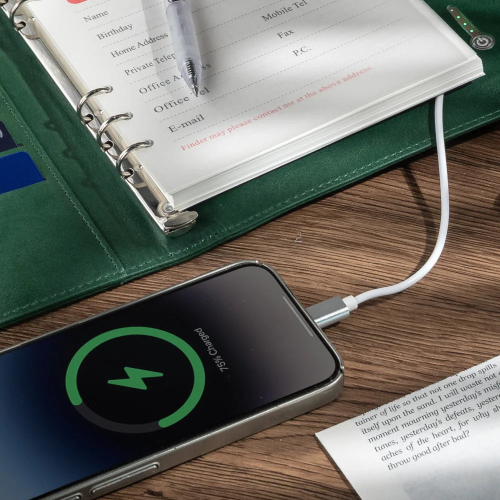 Wireless Charging Business Folder Notebook with Phone Stand and Clock, A5 Planner Organizer for Office Men