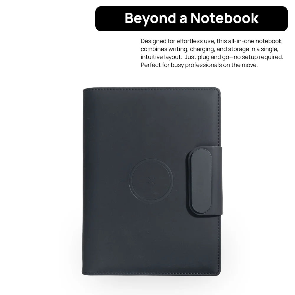 A5 Wireless Charging Notebook with PU Leather Cover, 3-in-1 Cable, Document Pocket and Foldable Phone Stand