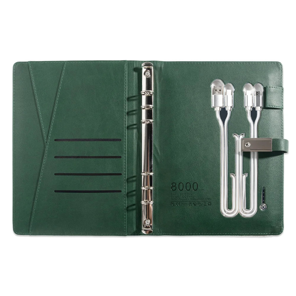 A5 Leather Notebook with built-in Power Bank, wireless charging,  3-in-1 charging Cable. Portable Journal for Business, Travel