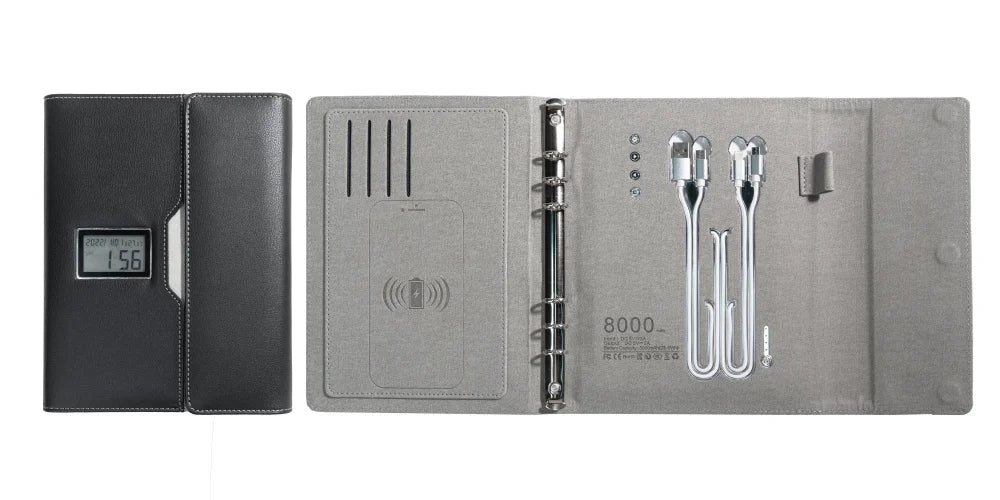 A5 Wireless Charging Notebook with Digital Clock, PU Leather Cover, 3-in-1 Cable and Card Slots for Office or Travel Use