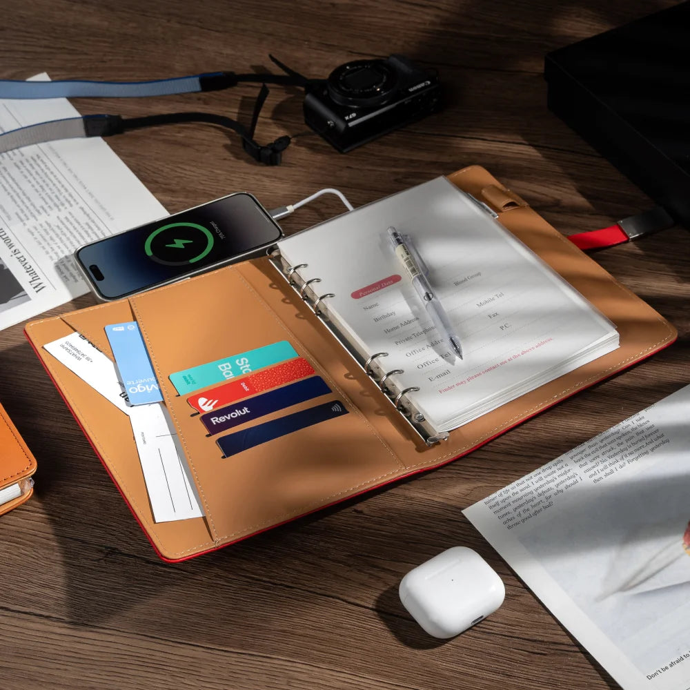 Leather Notebook with Built-in Power Bank, USB Drive, 3-in-1 Charging Cable, and A5 Planner Perfect for Business, Travel, Gift
