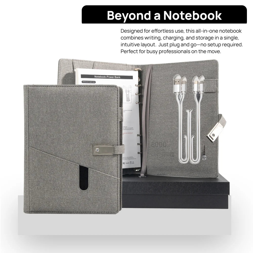 Grey Wireless Charging Notebook with USB Drive, 3-in-1 Cable, Card Slots & Document Pocket, A5 Planner for Business Use