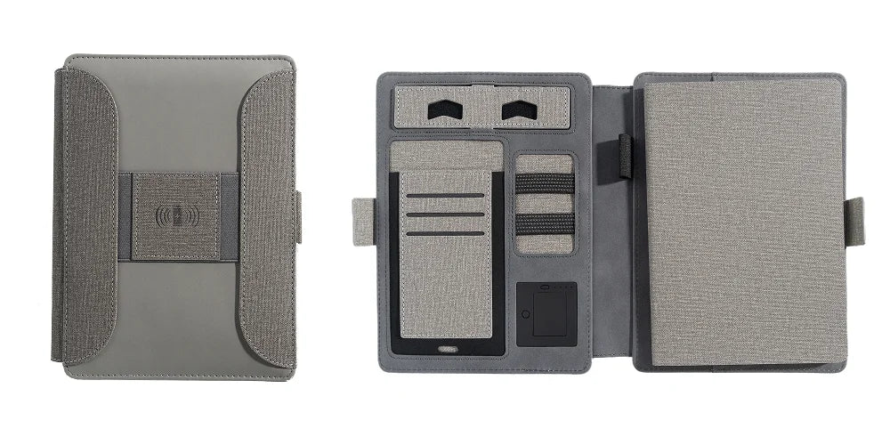 Wireless Charging Business Folder Notebook with Phone Stand and Clock, A5 Planner Organizer for Office Men