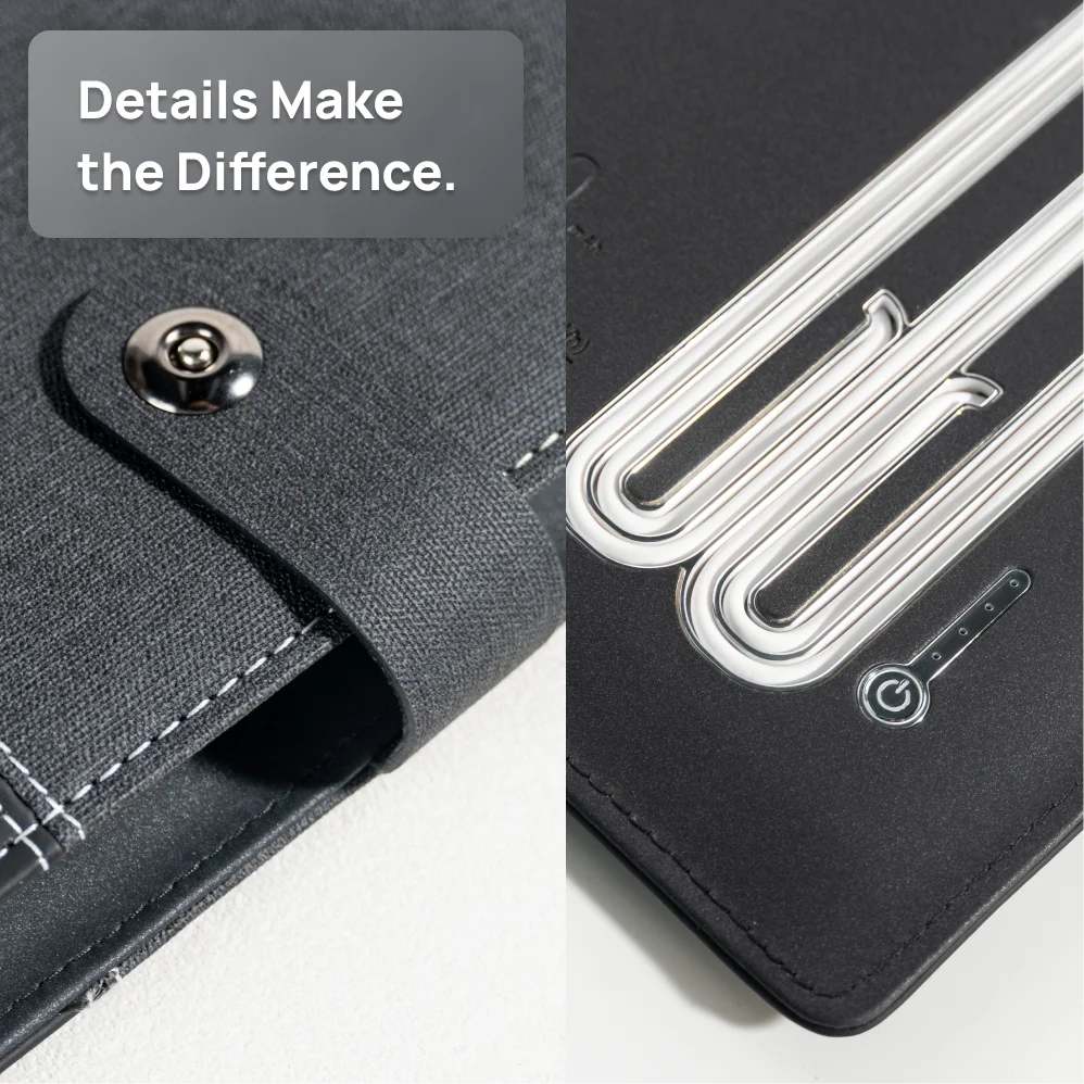 A5 Charging Notebook with Linen and Leather Cover, 3-in-1 Cable, Card Slots, Document Pocket and Premium Paper for Business Trav