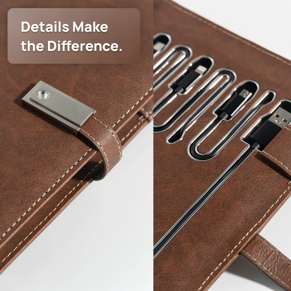 Brown Leather Notebook with built-in Power Bank, Calculator, USB Drive, 3-in-1 Charging Cable, A5 Journal Perfect for Business