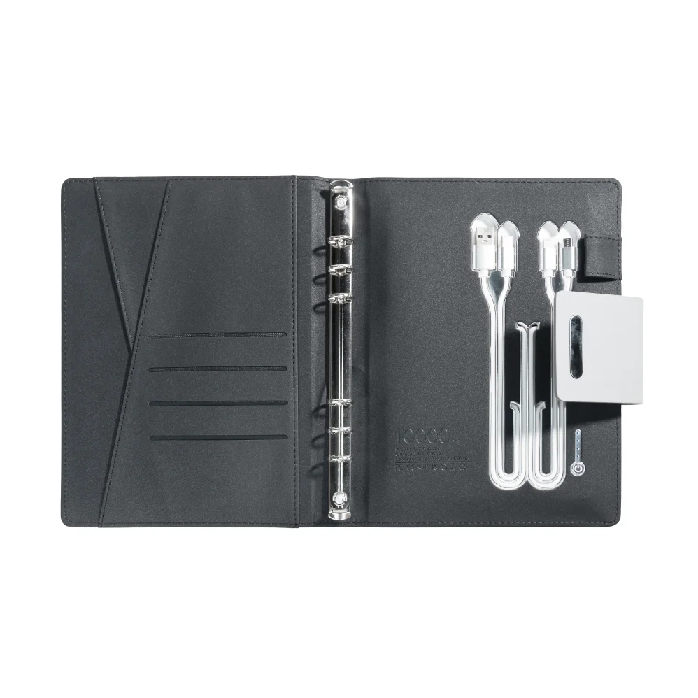 A5 Charging Notebook with Waistband Cover Design, 3-in-1 Cable, 8000mAh Power Bank, Card Slots and Document Pocket