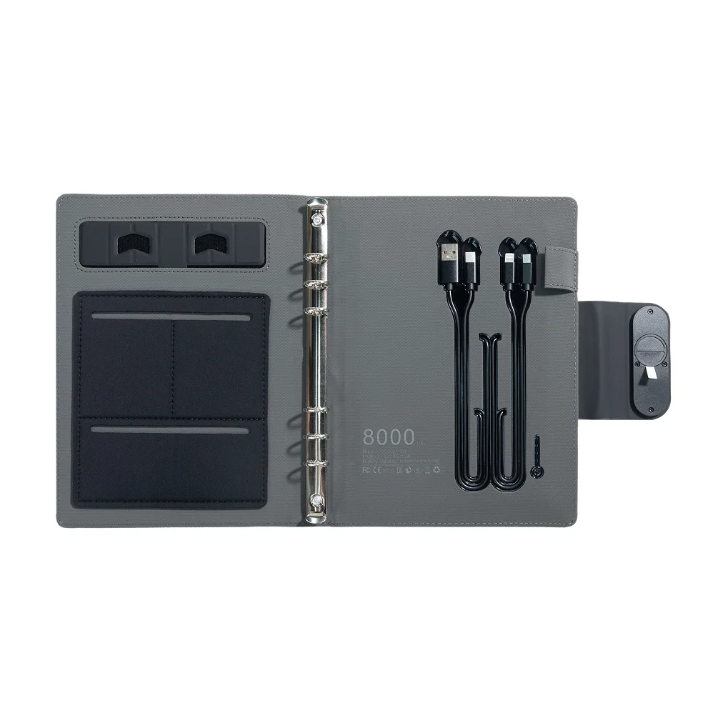 A5 Wireless Charging Notebook with PU Leather Cover, 3-in-1 Cable, Document Pocket and Foldable Phone Stand