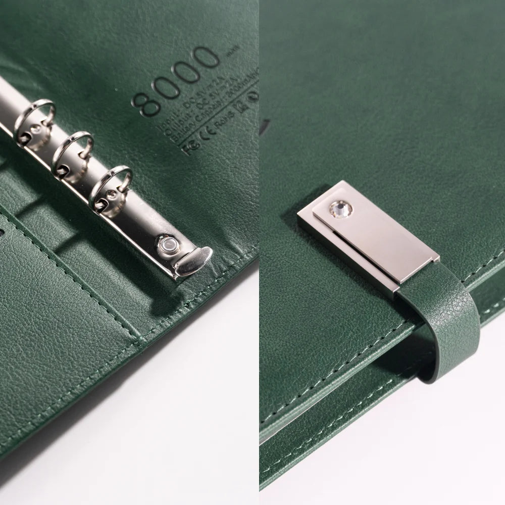 A5 Leather Notebook with built-in Power Bank, wireless charging,  3-in-1 charging Cable. Portable Journal for Business, Travel
