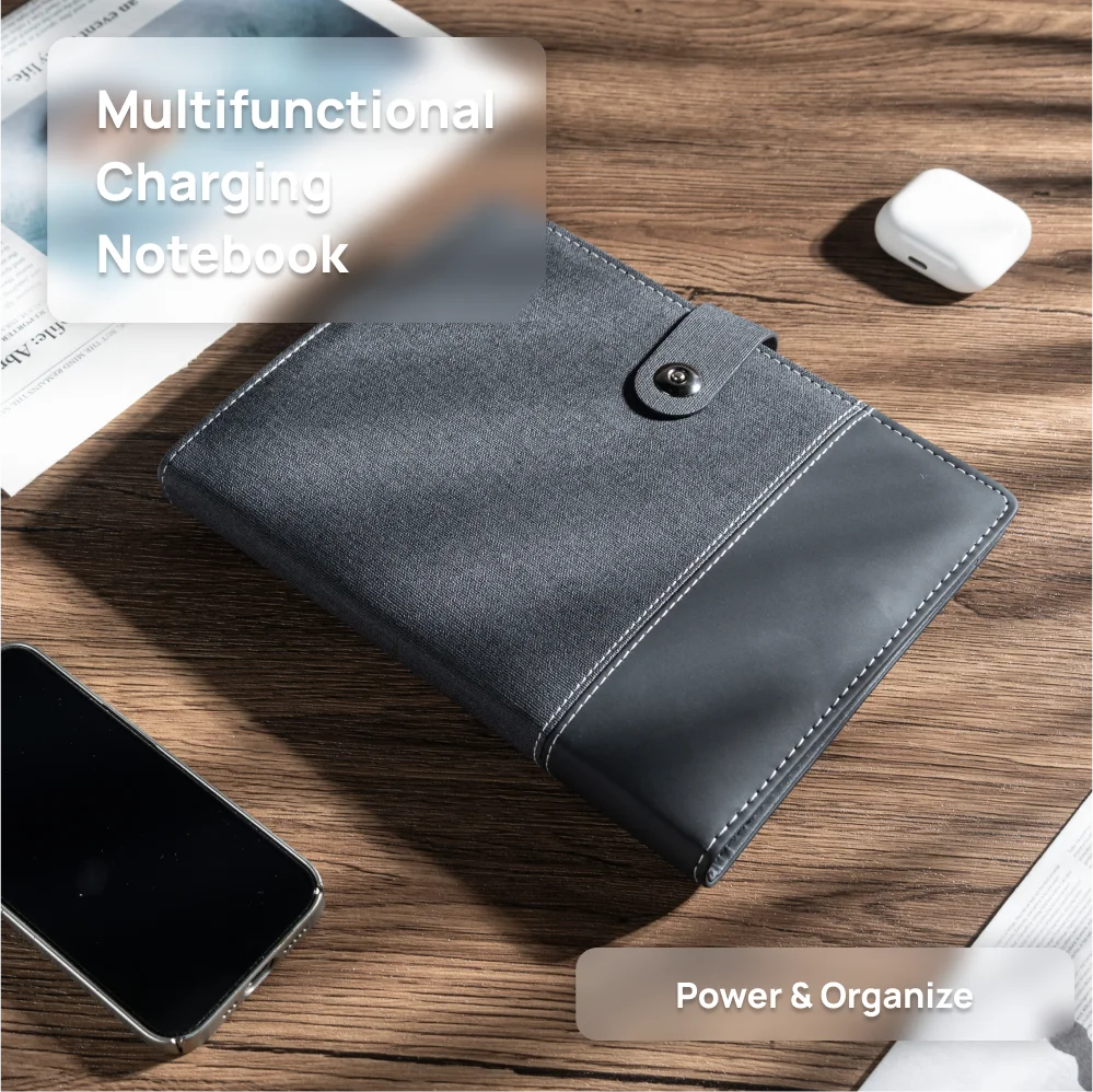 A5 Charging Notebook with Linen and Leather Cover, 3-in-1 Cable, Card Slots, Document Pocket and Premium Paper for Business Trav
