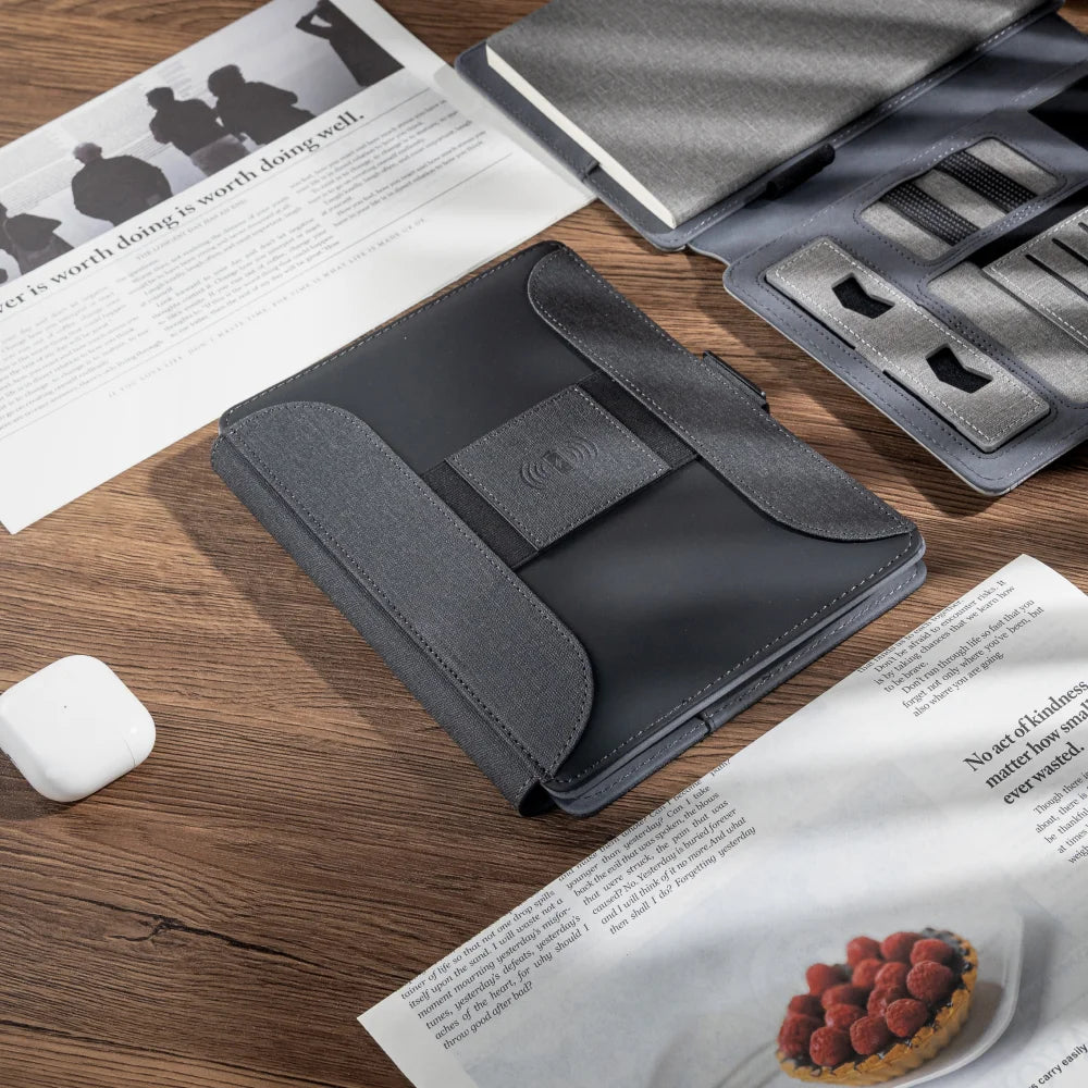 Wireless Charging Business Folder Notebook with Phone Stand and Clock, A5 Planner Organizer for Office Men