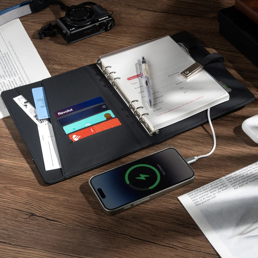 A5 Notebook with built-in Power Bank, wireless Charging, 3-in-1 charging cable, USB drive,  Multifunction Journal for Office