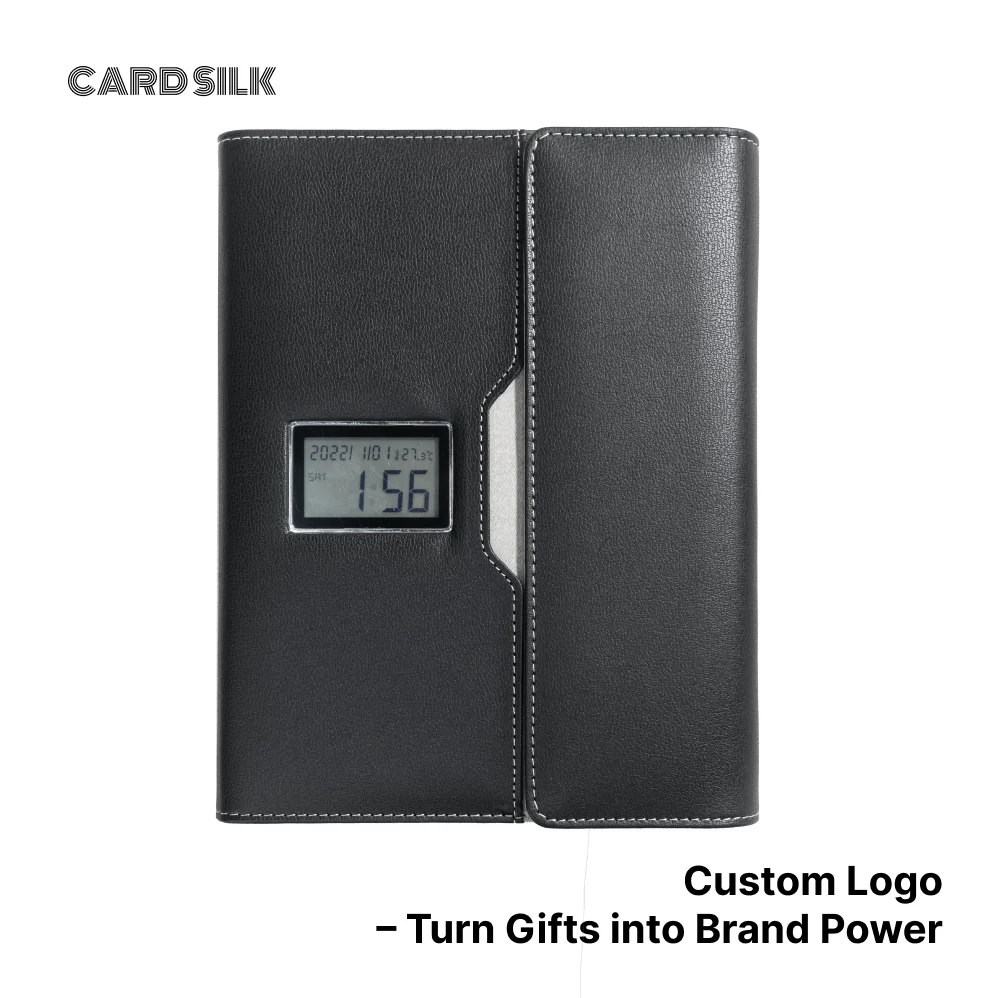 A5 Wireless Charging Notebook with Digital Clock, PU Leather Cover, 3-in-1 Cable and Card Slots for Office or Travel Use
