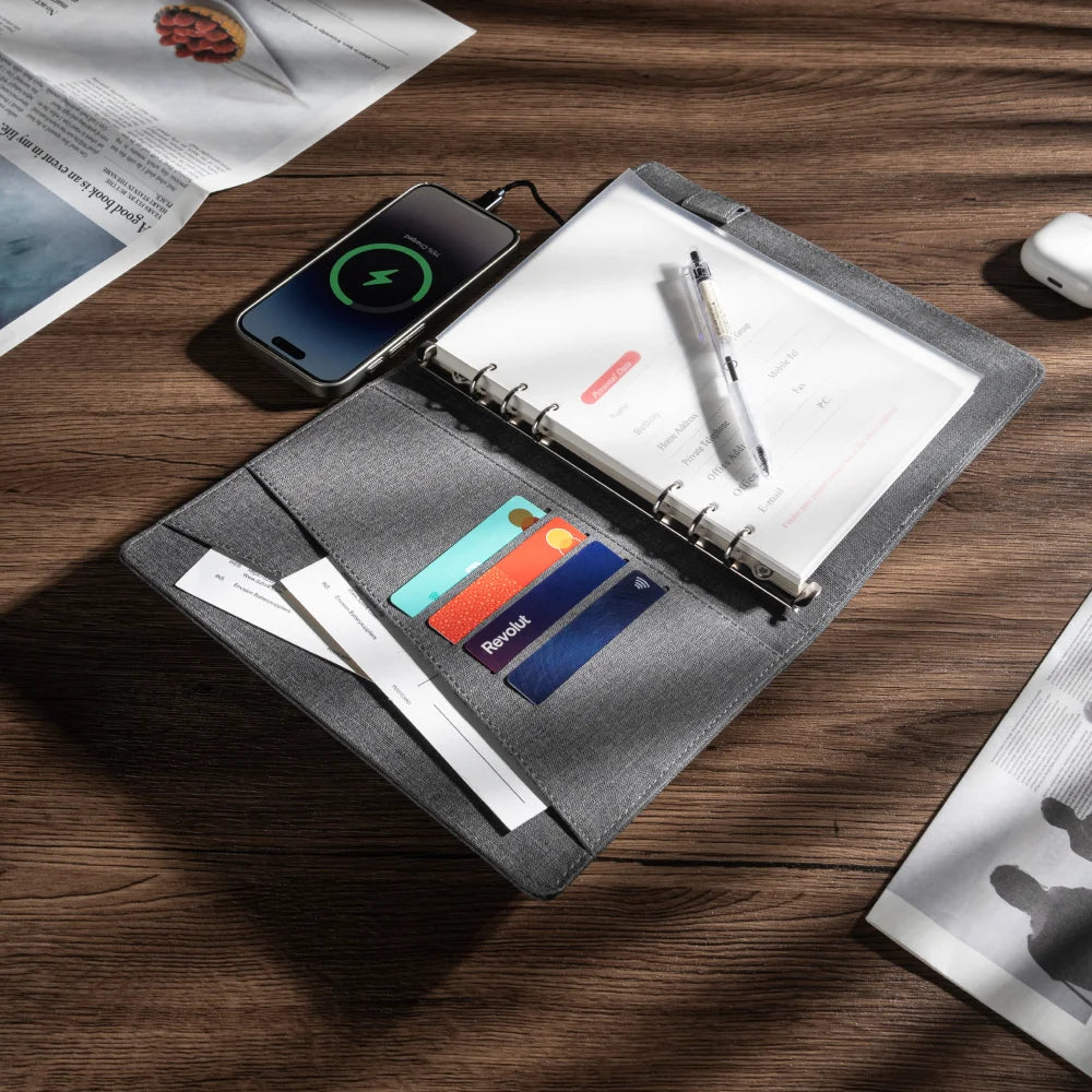 Gift for Travel or Graduation – 6-Ring Wireless Charging Notebook with Card Holder for Office or School Use