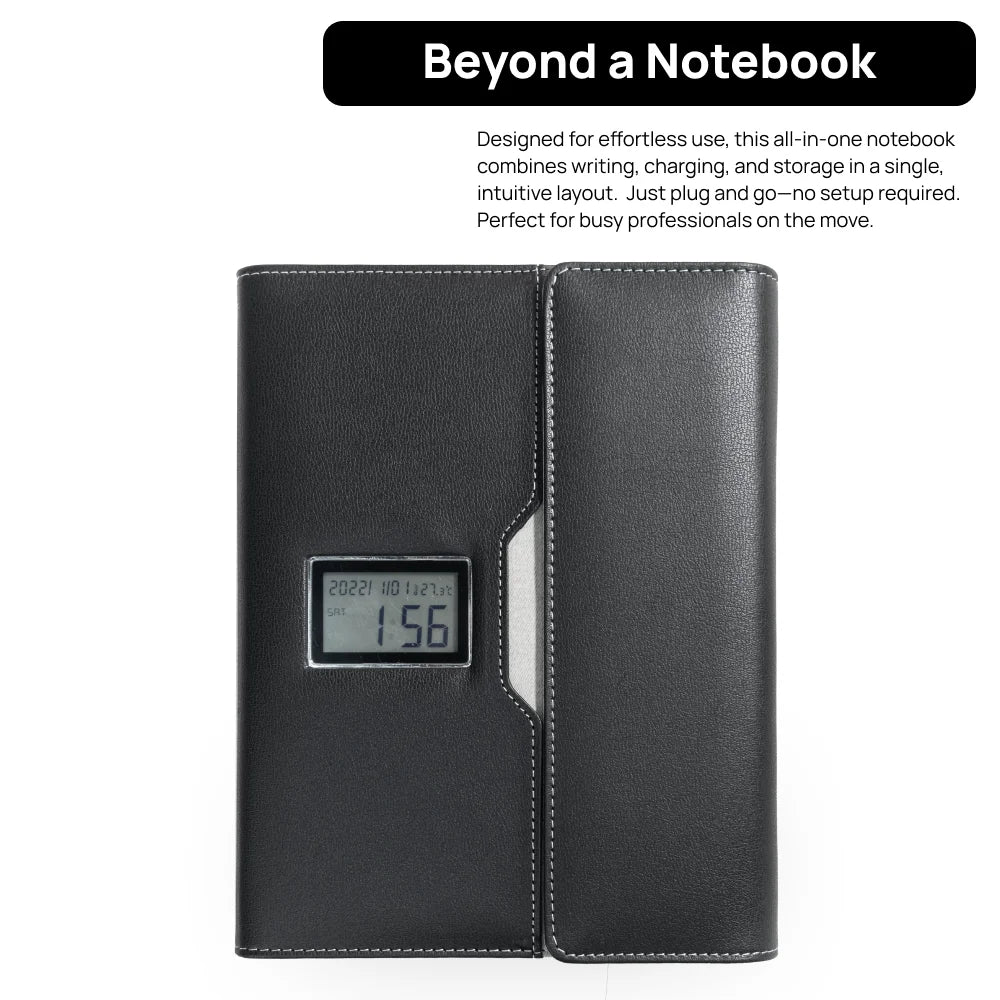 A5 Wireless Charging Notebook with Digital Clock, PU Leather Cover, 3-in-1 Cable and Card Slots for Office or Travel Use