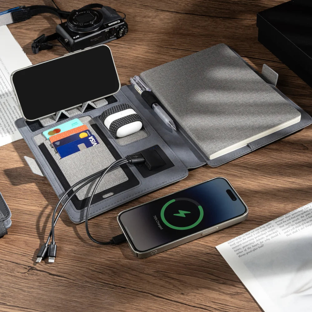 Wireless Charging Business Folder Notebook with Phone Stand and Clock, A5 Planner Organizer for Office Men