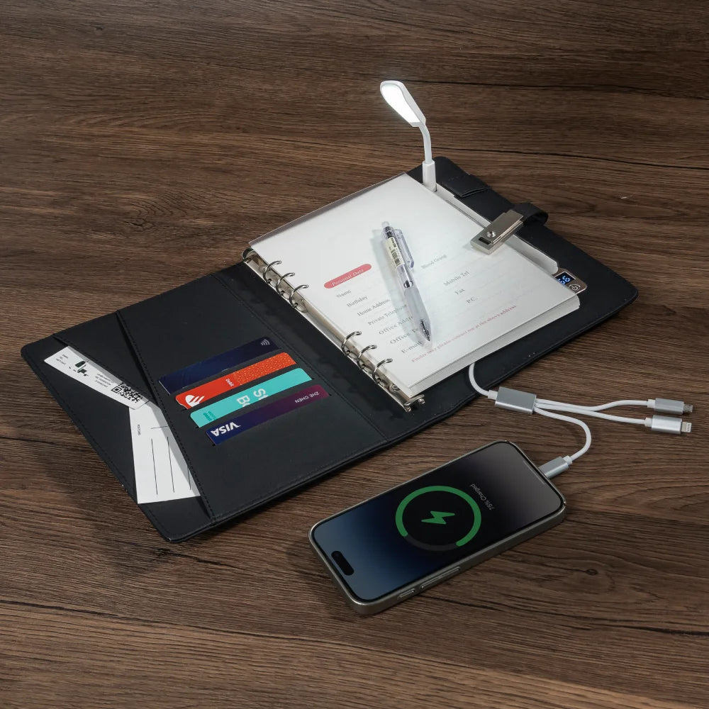 A5 Notebook with built-in Power Bank, wireless Charging, 3-in-1 charging cable, Table light, USB drive.  Journal for Office.