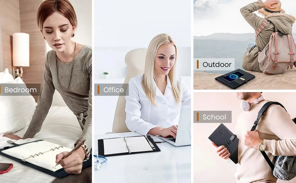 A5 Notebook with built-in Power Bank, wireless Charging, 3-in-1 charging cable, Table light, USB drive.  Journal for Office.