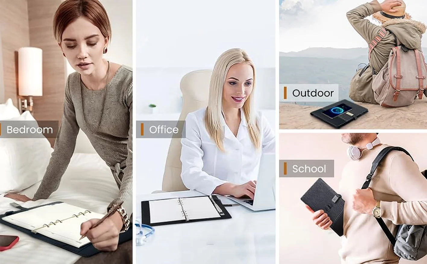 A5 Notebook with built-in Power Bank, wireless Charging, 3-in-1 charging cable, Table light, USB drive.  Journal for Office.