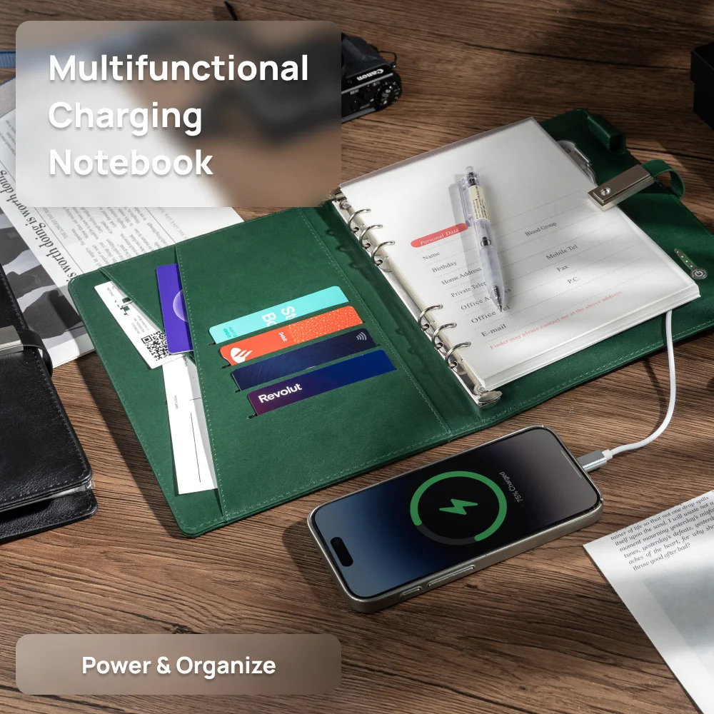 A5 Leather Notebook with built-in Power Bank, wireless charging,  3-in-1 charging Cable. Portable Journal for Business, Travel