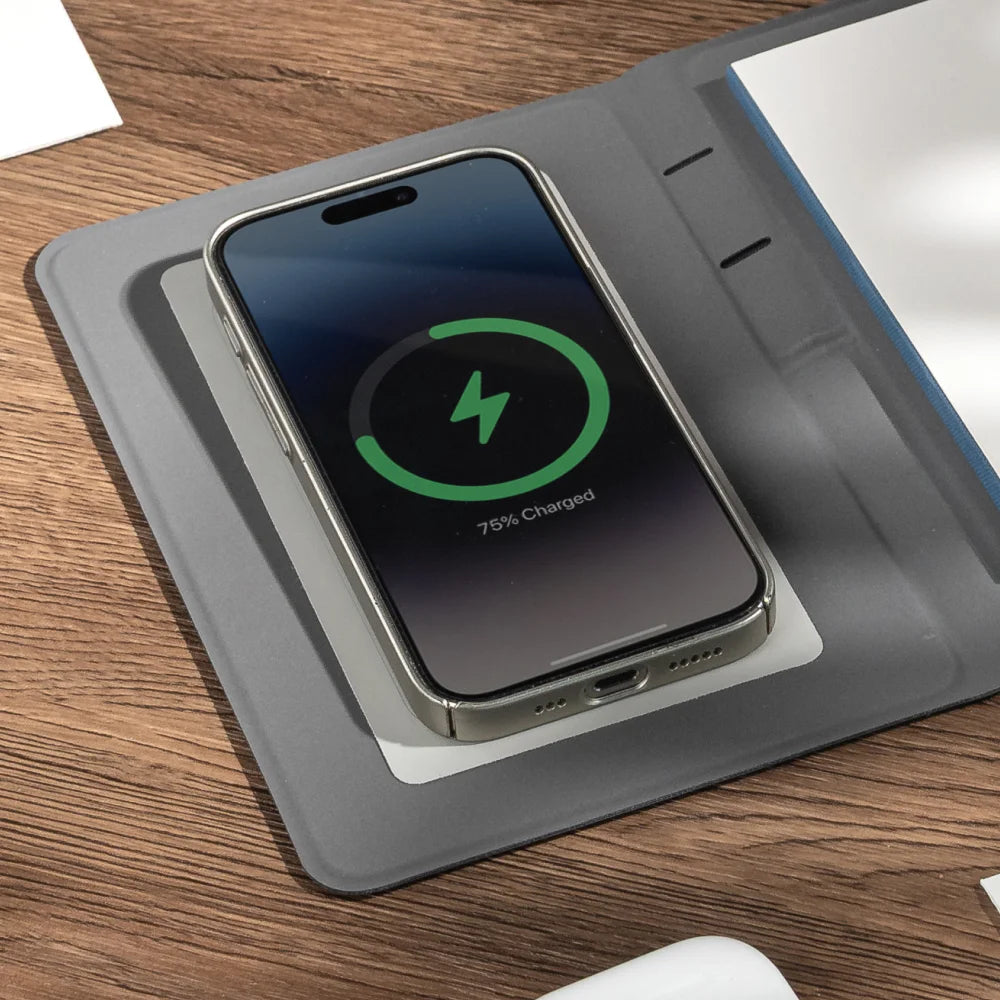 Ultra Slim Wireless Charging Notebook with Hidden Phone Stand, B5 Portable Planner for Work and Travel