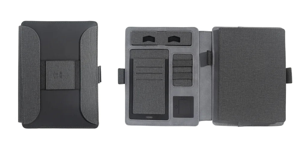 Wireless Charging Business Folder Notebook with Phone Stand and Clock, A5 Planner Organizer for Office Men